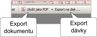 Volby exportu v nástrojové liště