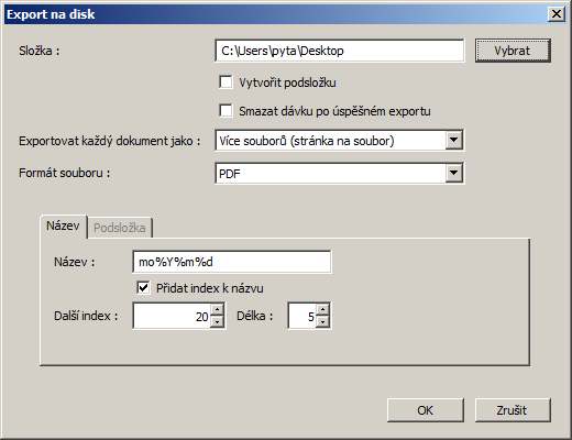 Dialog nastavení exportu